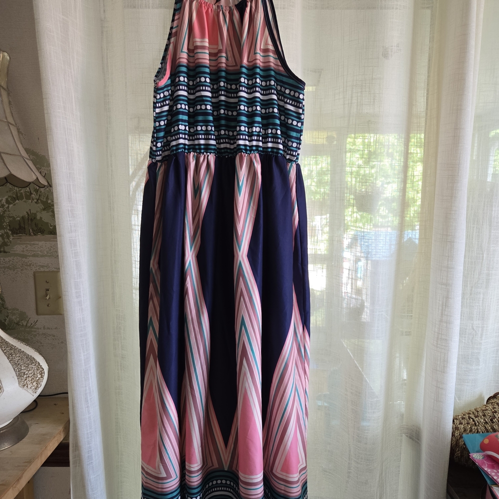 SHEIN Pink and Blue Geometric Maxi Dress